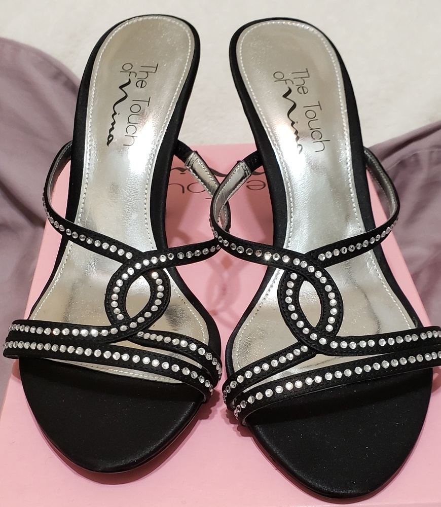 Touch of Nina black satin rhinestone sandals